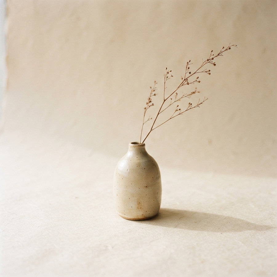 A small hand-thrown cream stoneware bud vase with a dried branch.