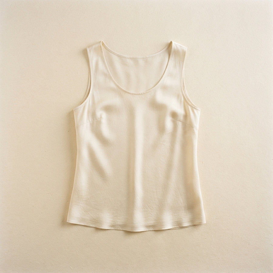 A cream silk shell top laid flat.