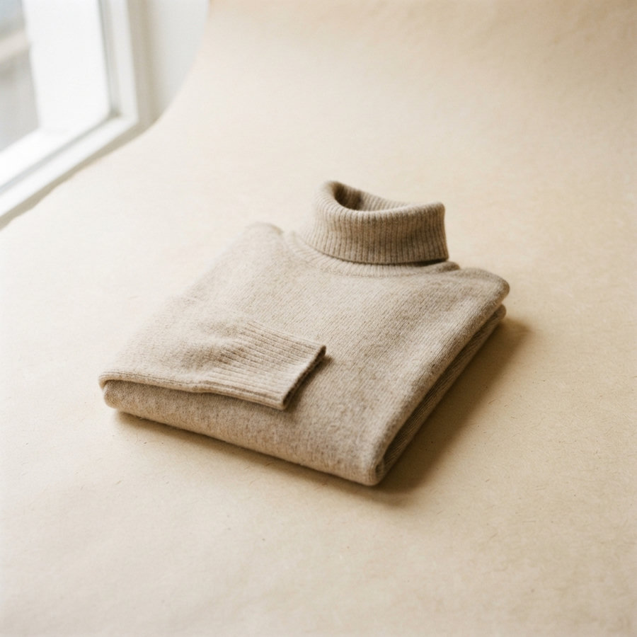 A folded oatmeal cashmere roll-neck sweater.
